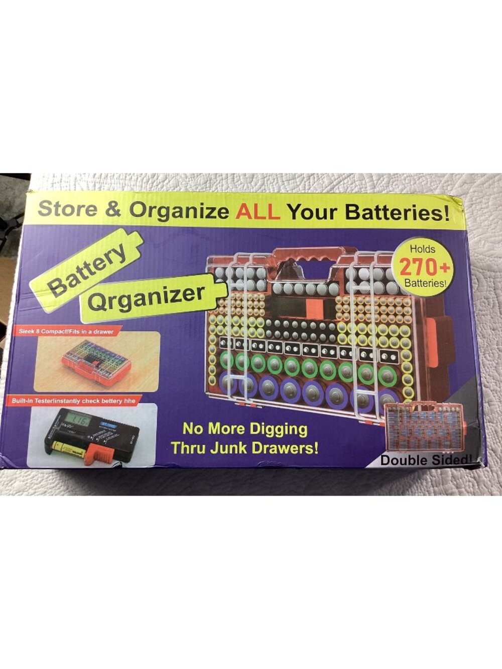 Battery Organizer*Double-Sided Holds 270+ Batteries*Built-In Tester*NIB